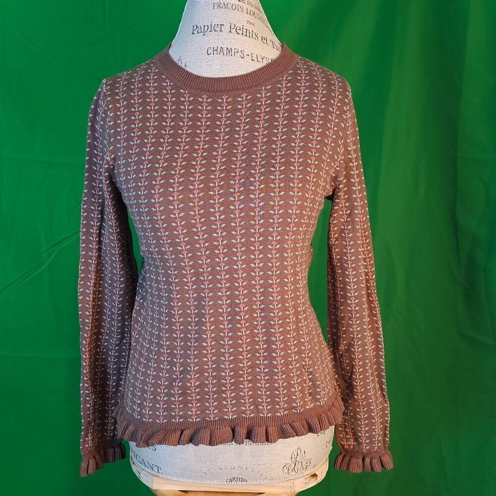 Modcloth Womens Brown Floral Ruffle Trim Sweater Medium